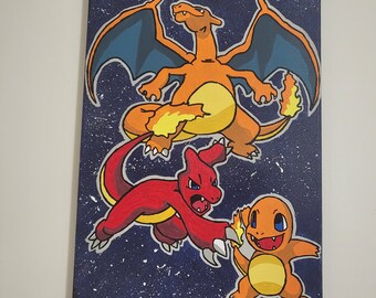 May include: A rectangular canvas painting featuring three Pokémon characters: Charizard, Charmeleon, and Charmander. The background is a dark blue with white speckles, resembling a starry night. The Pokémon are outlined in black with vibrant orange, red, and yellow coloring.