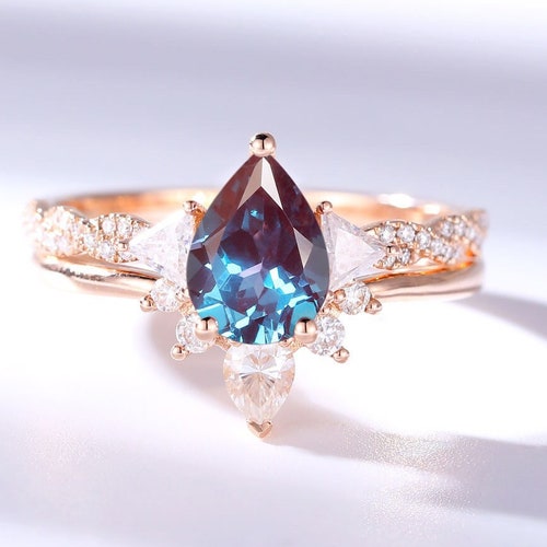 Pear Shaped Alexandrite Engagement Ring Set Women Moissanite | Etsy