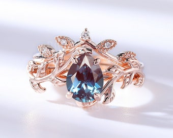 Pear cut Alexandrite engagement ring set art deco rose gold leaf moissanite/diamond ring vintage unique anniversary wedding ring set