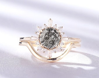 Vintage black rutilated quartz engagement ring set art deco yellow gold ring unique moissanite/diamond ring anniversary promise bridal ring