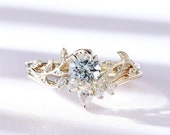Vintage aquamarine engagement ring unique engagement ring set alternative leaf yellow gold ring art deco moissanite bridal ring set