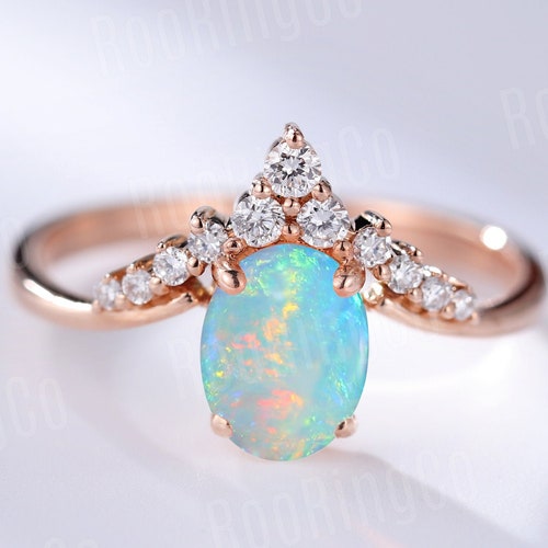 Vintage Opal Engagement Ring Diamond Curved Oval Cut Ring Art - Etsy ...