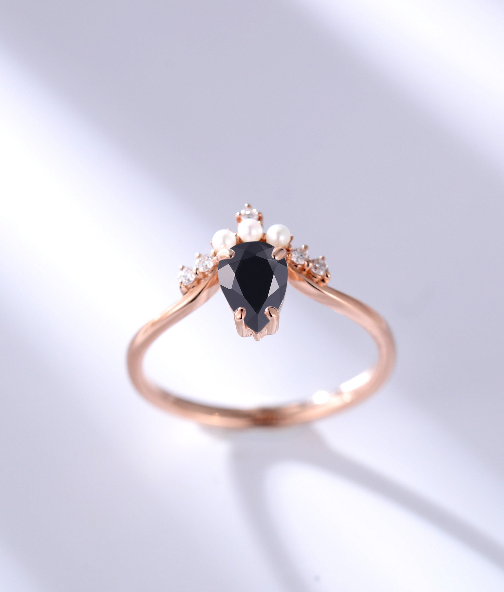Pear shaped Black Onyx engagement ring for women prong set | Etsy