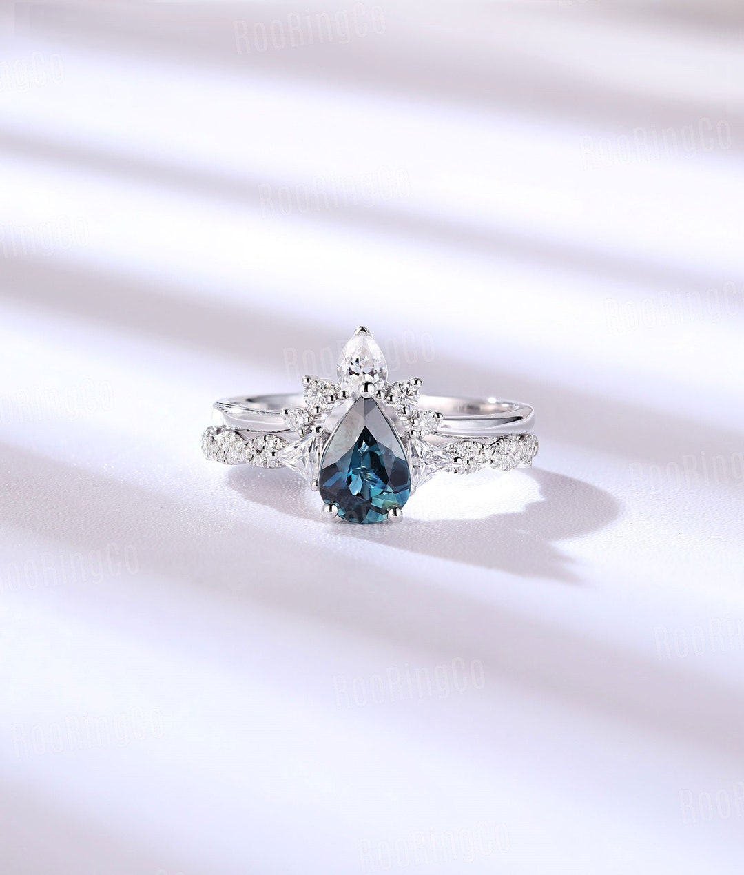 Pear Shaped Teal Sapphire Engagement Ring Set Moissanite - Etsy