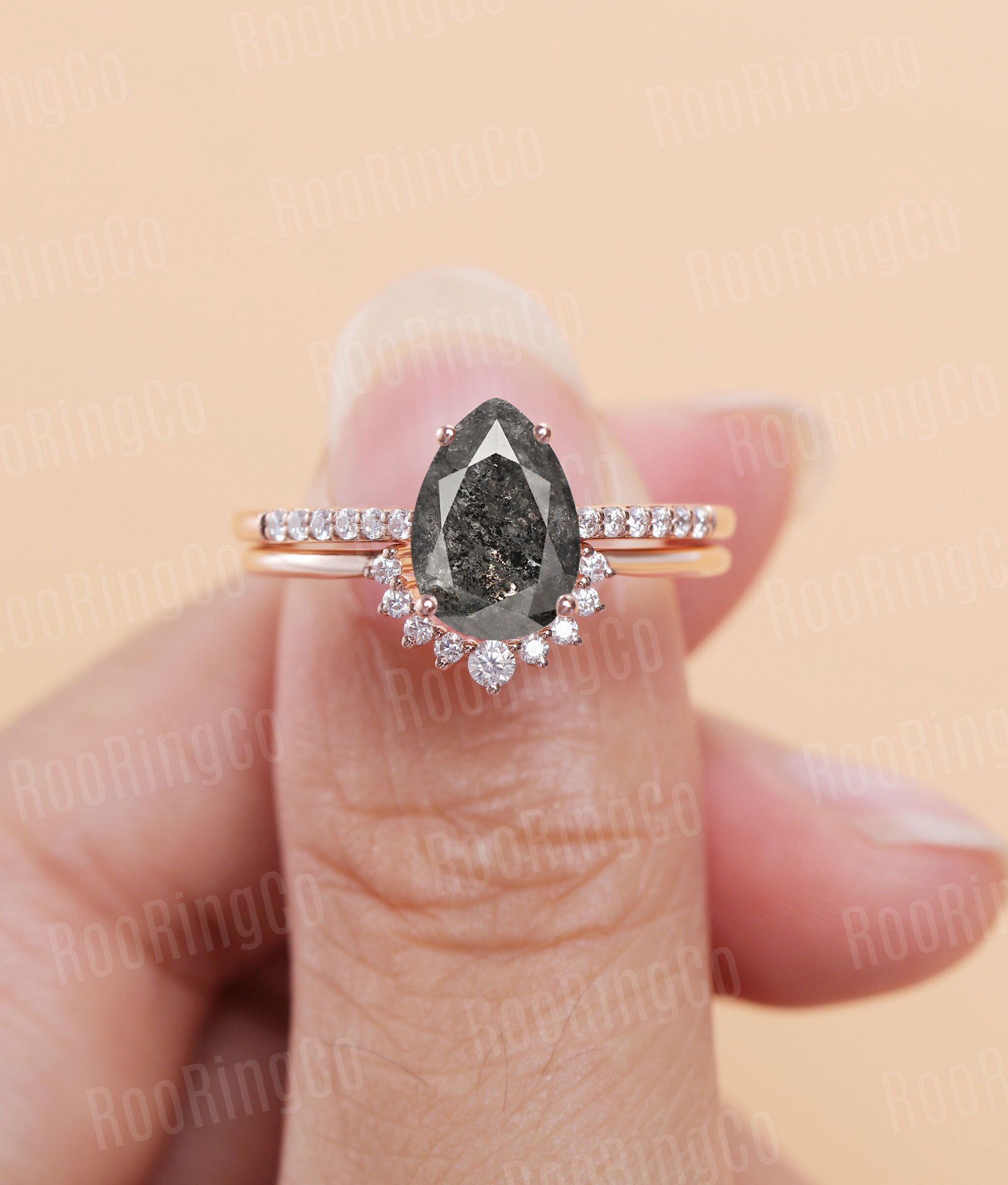 Vintage Salt and Pepper engagement ring set Pear shaped prong Etsy