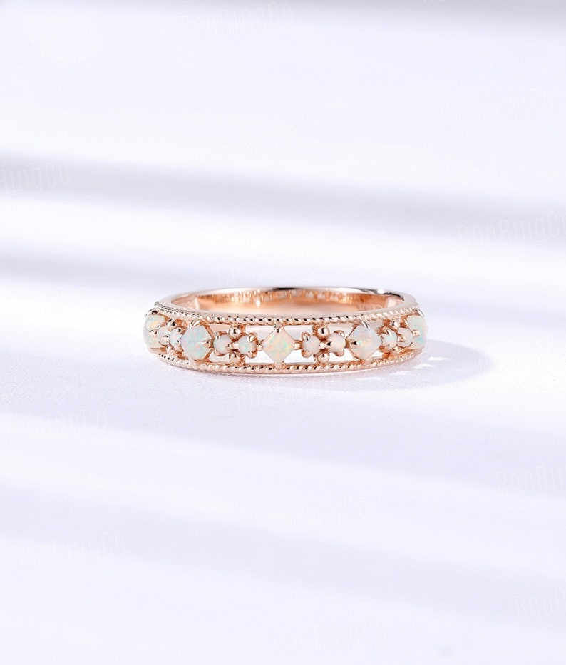 Vintage Opal wedding band Rose gold wedding band princess cut half eternity band art deco stacking matching band anniversary ring 