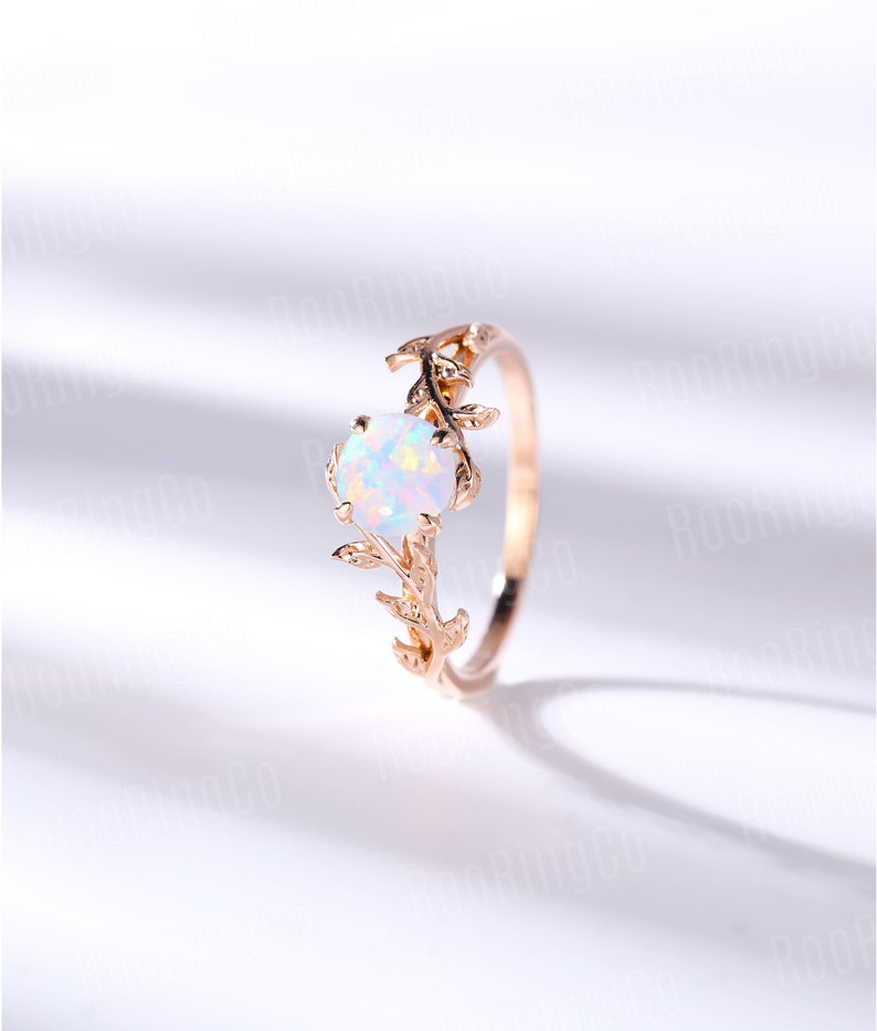 Vintage Opal engagement ring leaf flower ring alternative ring solid rose gold ring art deco promise ring prong set unique anniversary ring 