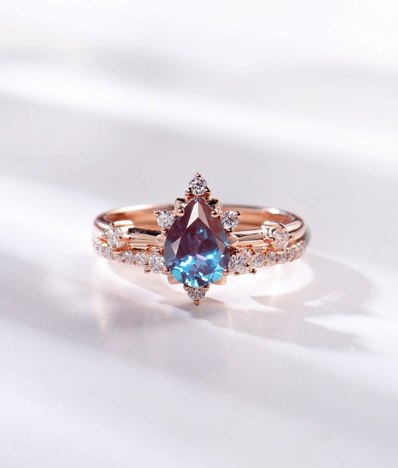 Vintage Alexandrite engagement ring set moissanite diamond ring Pear shaped rose gold ring art deco ring promise unique anniversary ring 