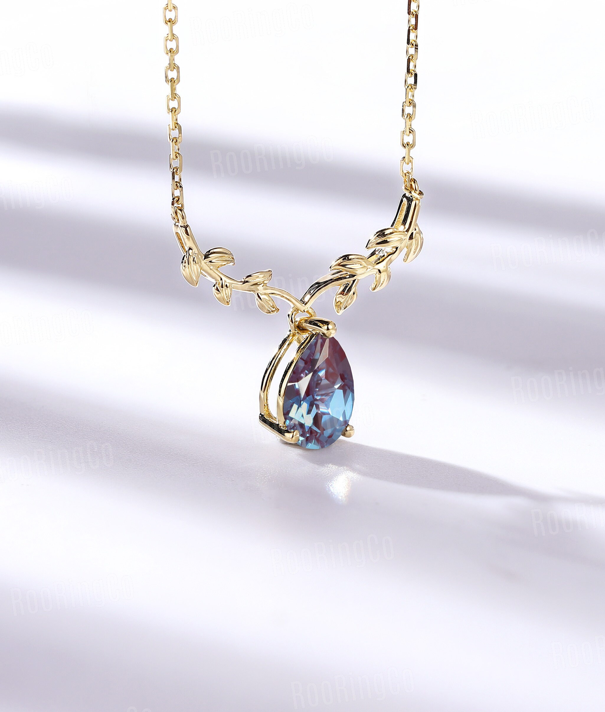 Pear Cut Alexandrite Necklace Leaf 14k 
