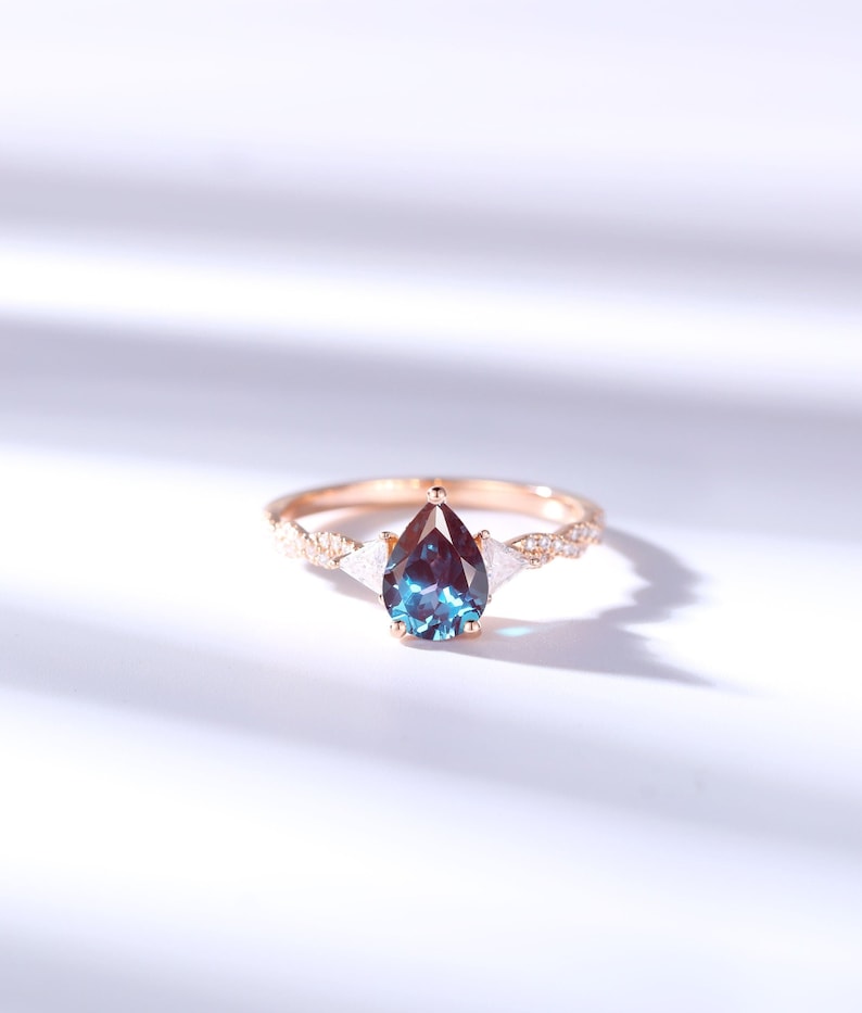 Vintage Alexandrite engagement ring triangle cut moissanite ring Pear shaped ring rose gold ring art deco ring unique anniversary ring 