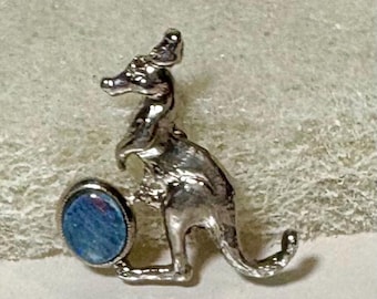 VTG Kangaroo Brooch/Pin Australian Style Souvenir/Blue Opal Look/Silver Tone