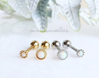 Tiny White Opal Earrings with screw backs, Titanium Earrings, 16G Labret, Cartilage earring, Cartilage piercing,Tragus, Helix earring, Conch