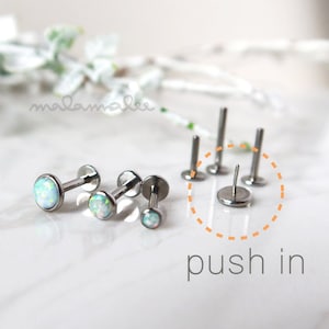 Set of 3, White Opal Push-In / Threadless Flat Back earrings, 3,4,5 mm, 16G Labret, Cartilage piercing , Tragus, Conch, Helix earring,