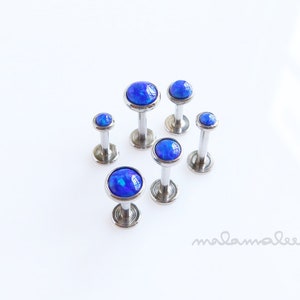 Set of 3, Blue Opal Internally Threaded Flat Back earrings, Titanium Earrings, 16G Labret, Cartilage earring, Tragus, Helix earring, Conch