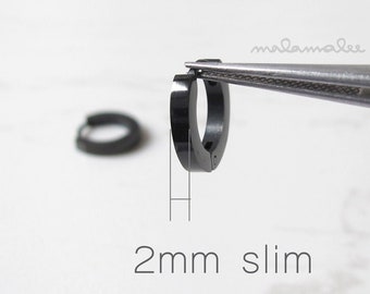 2 mm Round Flat Huggie Hoop, Mens Hoop Earrings, Small Black Hoop Earrings, Surgical steel earrings, Stainless earrings. Ear Cartilage hoop