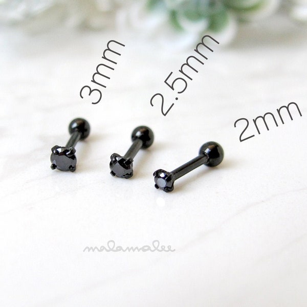 Tiny 2, 2.5, 3mm BLACK Stone Ear Piercing, 16G Cartilage, conch, helix stud, Surgical Steel, minimalist earrings, Black Stud earrings