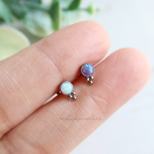 Tiny Triple Dot Opal Internally Threaded Flat Back earrings, Titanium helix earring, 16G Cartilage Earring, Helix, Conch, Opal earring