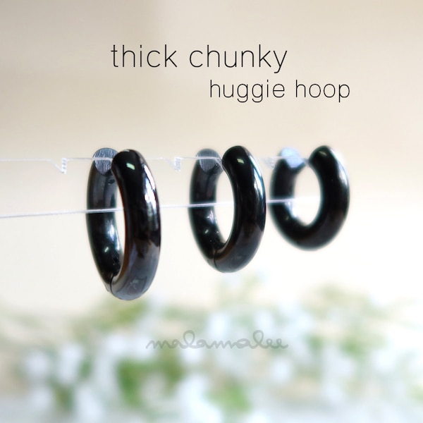 5mm Thick Chunky Huggie Hoop Earrings, Hinged Huggie Hoop Earrings, Chunky Gold hoops, Black Hoop Earrings, Mens Earrings