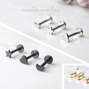 Tiny Moon, Star, Heart Internally Threaded Ear Piercing, 16G, Cartilage earring, conch, helix earring, Flat back minimalist earrings