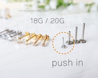 Tiny Sparkly CZ Set, Prong Setting, Push-In / Threadless, Flat Back earrings, Cartilage piercing , Tragus earring, Conch, Helix earring