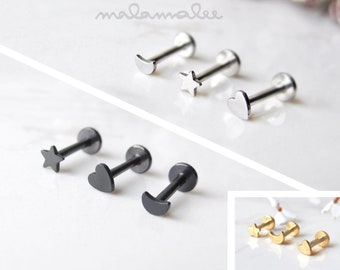 Tiny Moon, Star, Heart Internally Threaded Ear Piercing, 16G, Cartilage earring, conch, helix earring, Flat back minimalist earrings