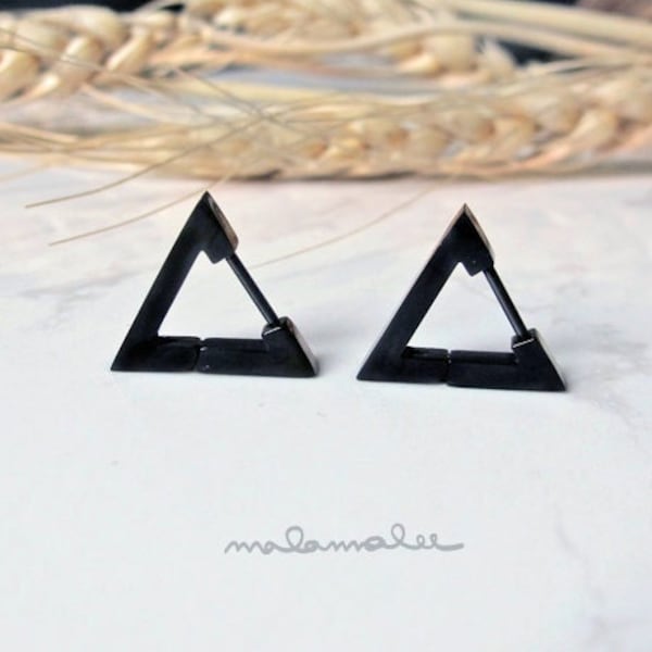 Black Triangle Mens Hoop Earrings, Surgical steel earrings, Hypoallergenic, Titanium earrings, Stainless steel earrings. Ear Cartilage,