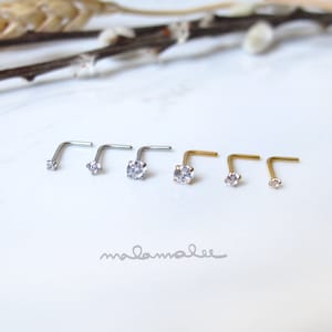 L-Post sparkly CZ Nose Stud, 3 pc. set, 3, 2, 1.5mm, Prong Setting, Silver, gold, tiny CZ nose stud, 20G, Surgical Steel nose stud
