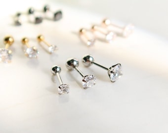 Set of 3, Sparkly Stone stud earring with screw ball back, Black earrings, silver, gold, rose gold minimalist earrings, cartilage, helix