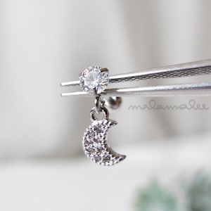Dangle Moon CZ Stud Ear Piercing, 20G Cartilage earrings, helix, Minimalist earrings, Mini Moon stud earrings, Surgical Steel earrings