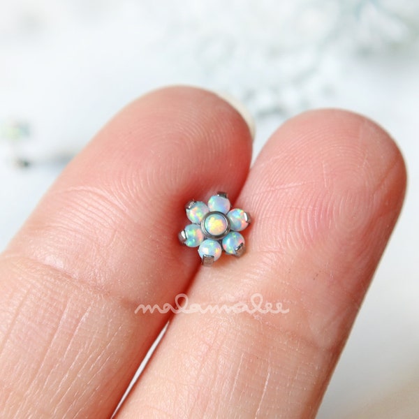 White Opal Flower Internally Threaded Flat Back earrings, Titanium, Flat Back, 16G, Cartilage earring, Helix earring, Conch, Opal earring