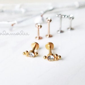 Dainty Cluster Balls with Clear Stone, Internally Threaded Flat Back earrings, 16G Labret, Cartilage earring, Helix earring, Tragus earring