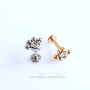 Cluster Balls with Sparkly Clear Stone, Internally Threaded Flat Back earrings, 16G Labret, Cartilage earring, Helix earring, Tragus earring