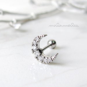 Crescent Moon with sparkly clear stones, Cartilage earring, Helix earring, Daith, Rook, Tragus earring, Minimalist earrings, Surgical Steel