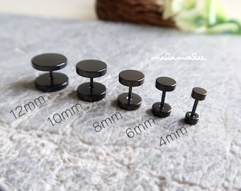 Black Dot earrings,  Flat circle earrings, Men&#39;s earring, Fake Plugs, Surgical steel earring, minimalist earrings, geometric earrings