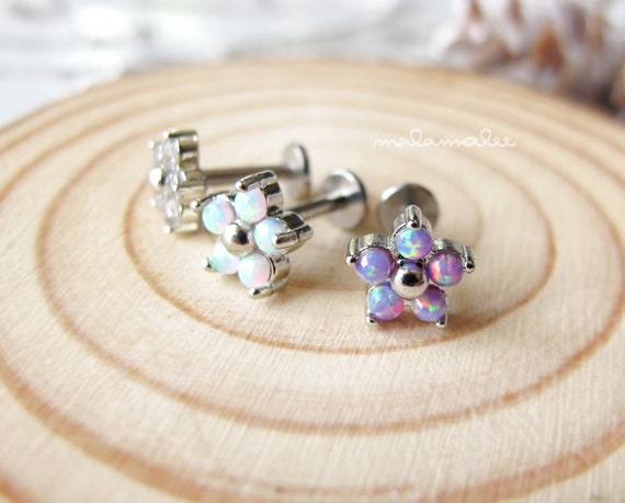 Tiny Opal Flower Internally Threaded Flat Back Earrings 16G