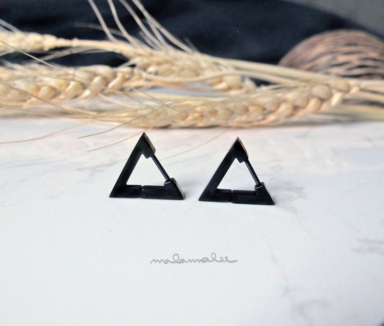 Black Triangle Mens Hoop Earrings, Surgical steel earrings, Hypoallergenic, Titanium earrings, Stainless steel earrings. Ear Cartilage,