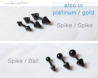 Set of 3, Spike earrings, surgical steel stud earring, Black earrings, titanium earrings, minimalist earrings, cartilage helix earrings