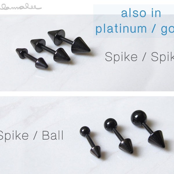 Set of 3, Spike earrings, surgical steel stud earring, Black earrings, titanium earrings, minimalist earrings, cartilage helix earrings