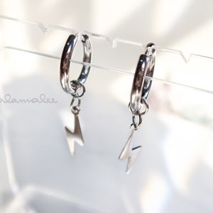Dangle Lightning Bolt Huggie Hoop earrings, Stainless steel hoop earrings, Man earrings, Men's Hoop earrings. Ear Cartilage hoop