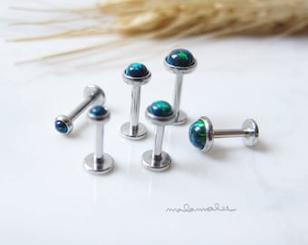 Set of 3, Green Opal Internally Threaded Flat Back earrings, Titanium Cartilage Earrings, 16G Labret, Tragus, Helix, Conch, Nose piercings,