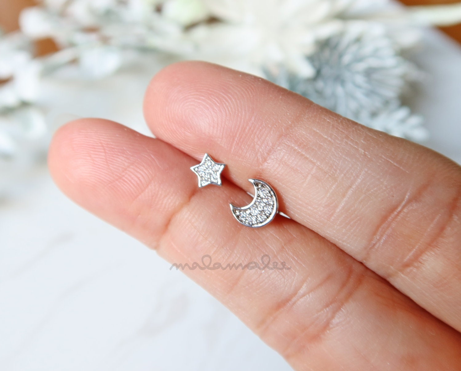 Star and Moon Ear Piercing With Clear Stones, 16G Cartilage