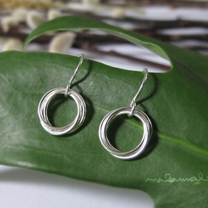 May include: A pair of silver dangle earrings with a triple circle design. The earrings are shown on a green leaf.