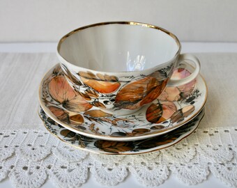 LFZ Russian Lomonosov Factory Vintage Porcelain Tea Set - Cup, Saucer and Dessert Plate. Golden Autumn pattern.