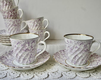 LFZ Russian Lomonosov Factory Vintage Bone China Porcelain Coffee Set - Cup and Saucer. Little Garden pattern. 22 kt Gold.