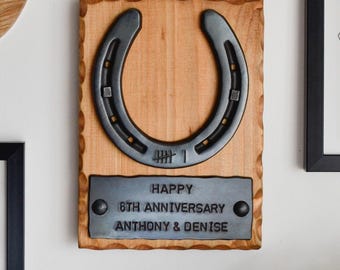 Personalized Iron Horseshoe on a board,6th Anniversary Gift,Wedding Anniversary Gift,11th Anniversary Gift,Wall decor,Engraved Family Gift