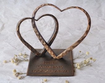 Cœur en bronze pour 8e anniversaire de mariage, cadeau personnalisé pour 8e anniversaire de mariage, deux coeurs en acier, cadeau de 8e anniversaire pour femme