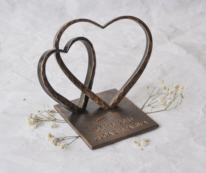 Corazón de bronce para el 8.º aniversario, regalo de aniversario de boda, regalo personalizado del 8.º aniversario, dos corazones de acero, regalo del 8.º aniversario para la esposa imagen 6