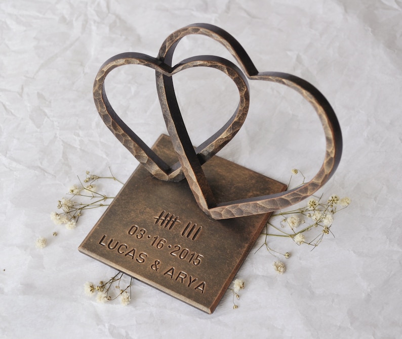 Corazón de bronce para el 8.º aniversario, regalo de aniversario de boda, regalo personalizado del 8.º aniversario, dos corazones de acero, regalo del 8.º aniversario para la esposa imagen 7