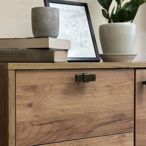 May include: A wooden cabinet with two drawers and bronze-colored handles. On top, there's a concrete-colored pot, a stack of books, a framed botanical print, and a potted plant. The cabinet has a natural wood grain finish.