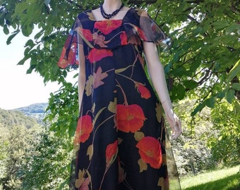 Robe longue de soirée en voile de mousseline esprit romantique à fleurs des années 70 taille 40 / 12 / M